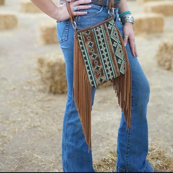 Champagne Tooled Leather Purse with Playful 12" Fringe - Handmade in USA - Picture 14 of 16